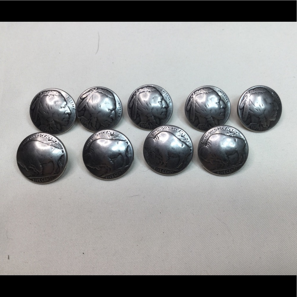 Vintage Set Of 9 Native American Buffalo Nickel Style Buttons